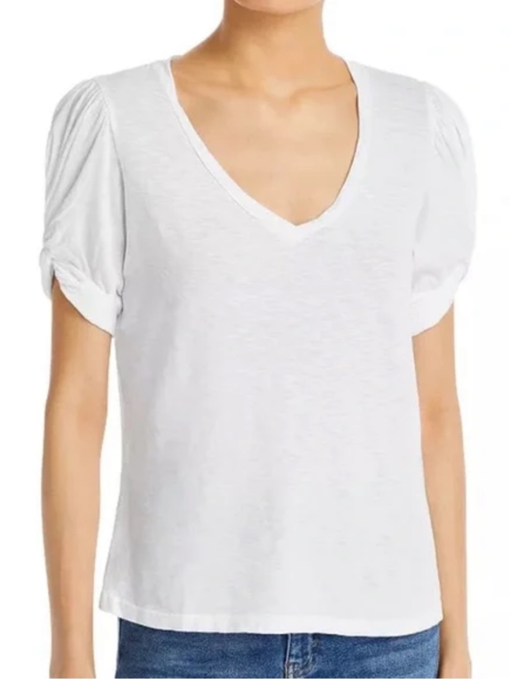 Sundry White Ruched Sleeve V-Neck Tee